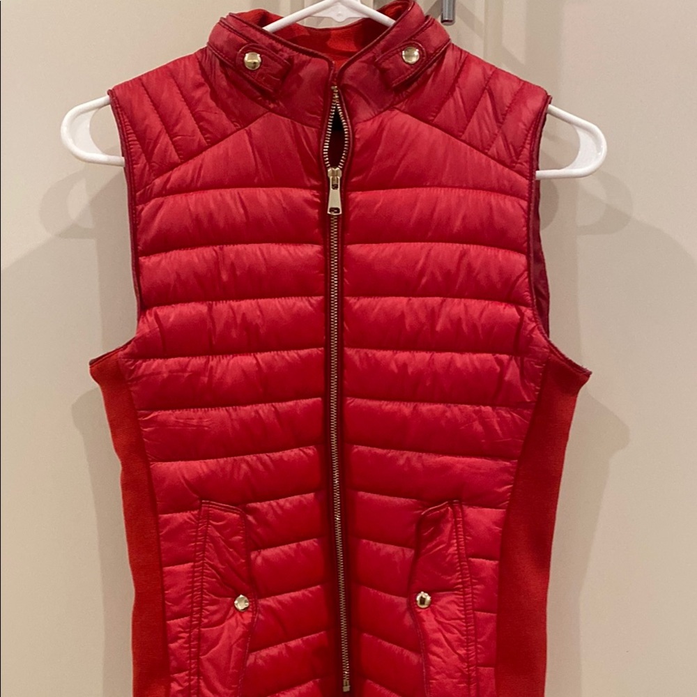 Vibrant Red Quilted Vest with Gold Accents